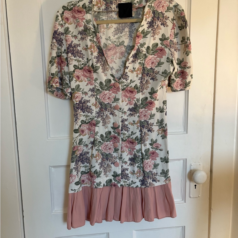 Floral V-Neck Dress with Pink Hem
